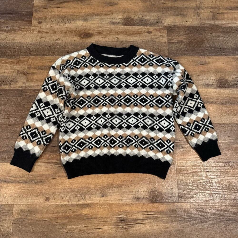 Retro Fair Isle Geometric Sweater Pullover Black Beige White SEE MEASUREMENTS